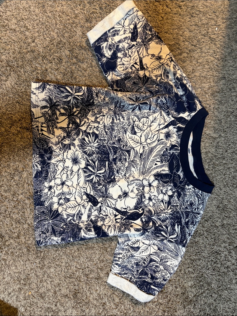Navy and White Tropical Print Short Sleeve Top